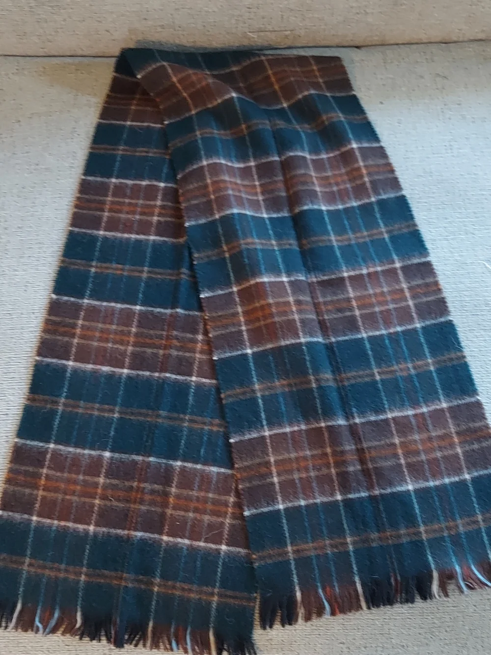 Teal and Brown Plaid Merino Wool Scarf